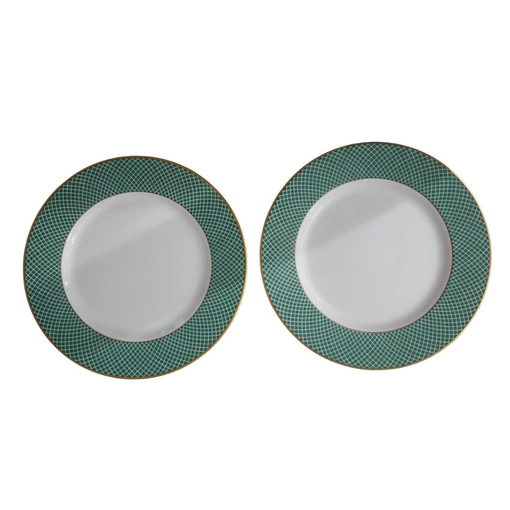 Green Fields Block Spal Portugal 1980 Bread Plate Green with Gold Band Set of 2